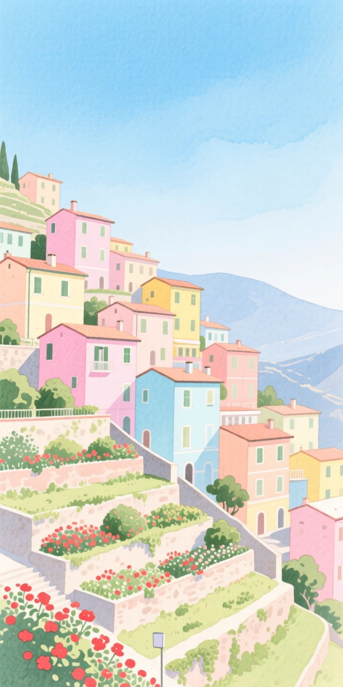 A picturesque view of a terraced hillside town in Italy with pastel buildings stacked along the hillside, beneath a clear blue sky