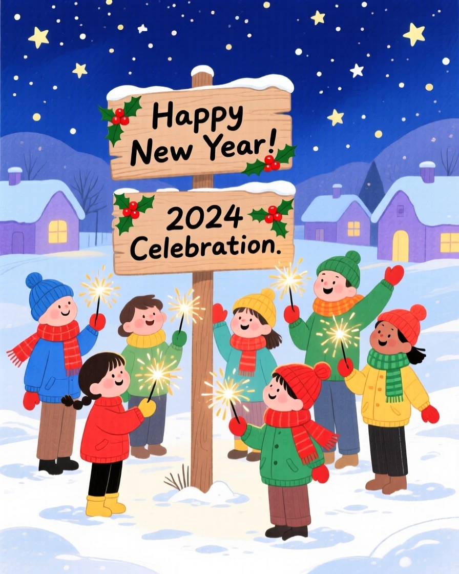 A New Year's Eve gathering with sparklers under a starry sky, filled with seasonal charm.