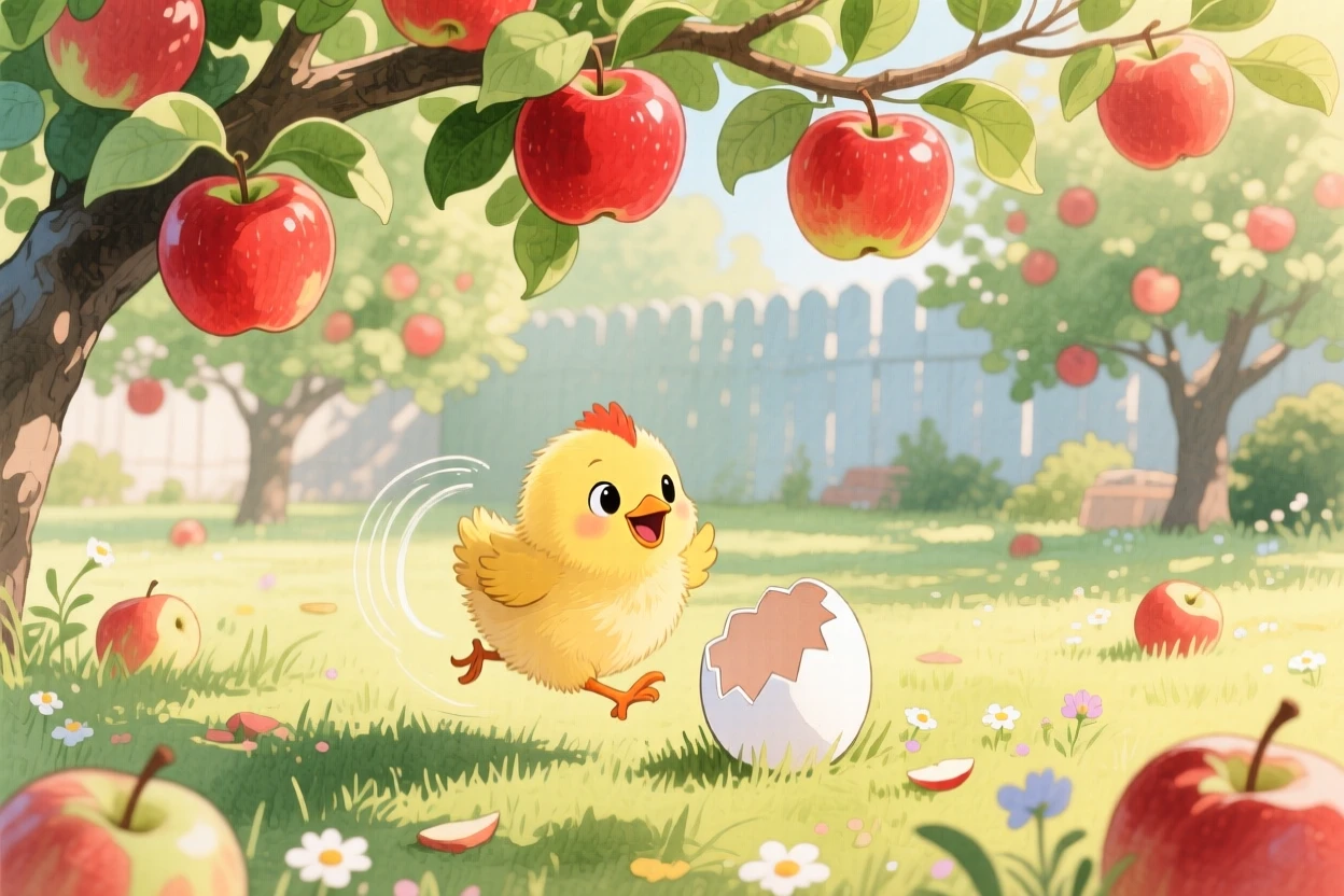 A chick hatching from its egg chasing its own tail in a sunny backyard, set in an orchard heavy with ripe apples, showing unconditional love and loyalty.
