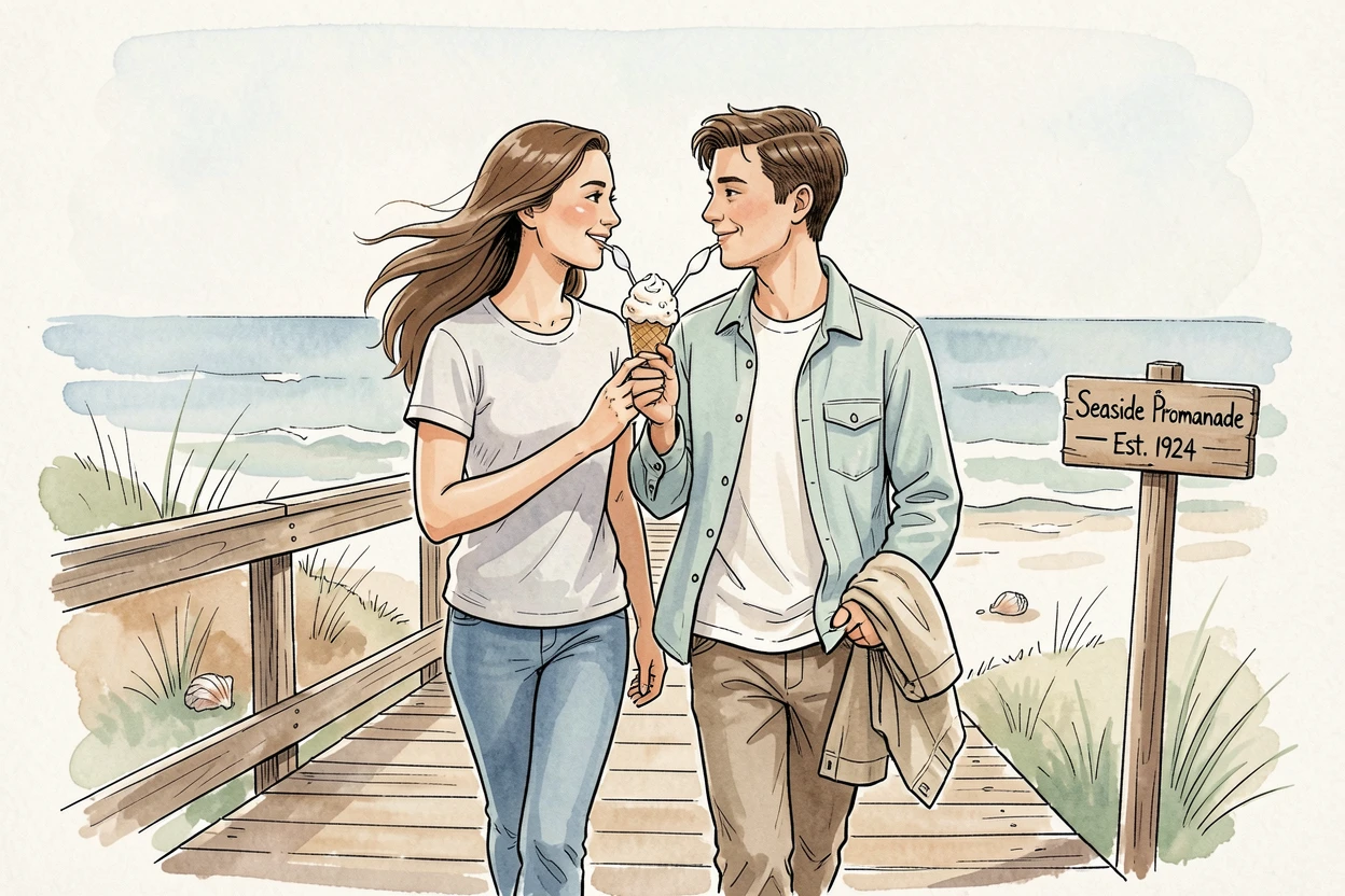 A couple sharing an ice cream cone while strolling along a boardwalk, a feeling of quiet contentment throughout the moment.