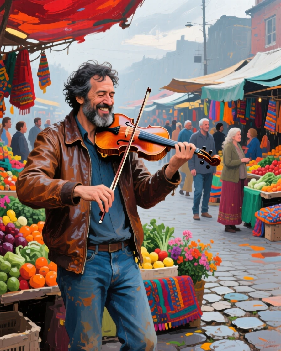 A musician playing violin on a quiet street corner, within a bustling, colorful marketplace, a genuine, unguarded smile, during a soft, overcast afternoon.
