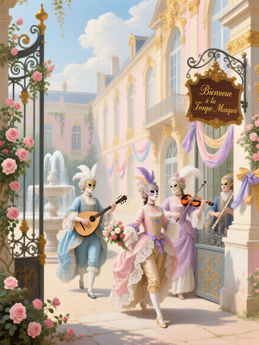 A troupe of masked performers arriving in a palace courtyard  