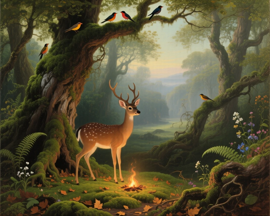 A gentle doe lights a fire within an ancient moss-covered forest while birds call from the branches.