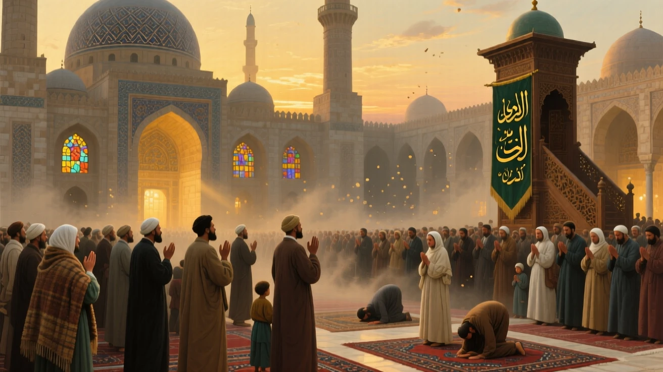A grand Islamic mosque filled with worshippers during evening prayer, with dust and motion conveying the energy of the historical moment, offering a vivid window into a fascinating moment of human history
