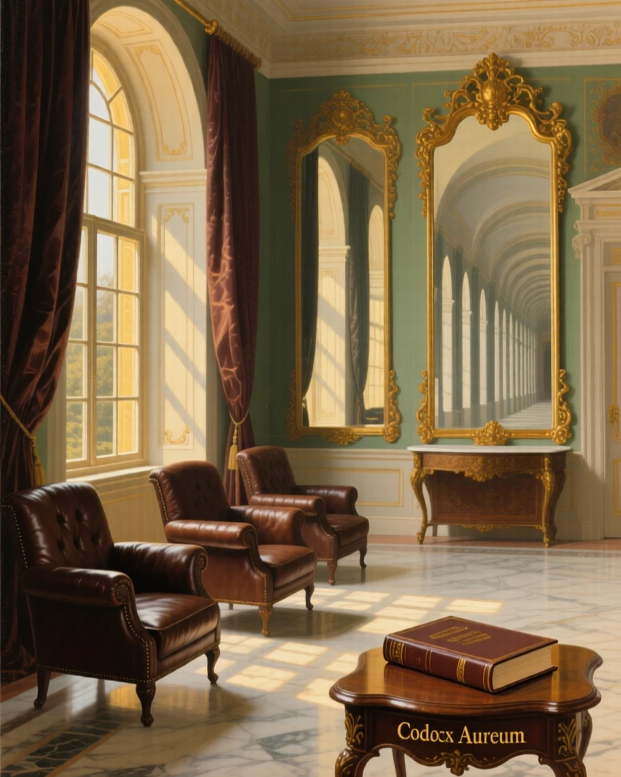 A quiet reading room with leather armchairs beside tall arched windows standing empty in the golden hush of late afternoon, set within a palace built for generations of nobility, with tall mirrors reflecting endless corridors of light and shadow; a lone figure or object provides scale against the soaring architecture, suggesting both luxury and profound stillness.