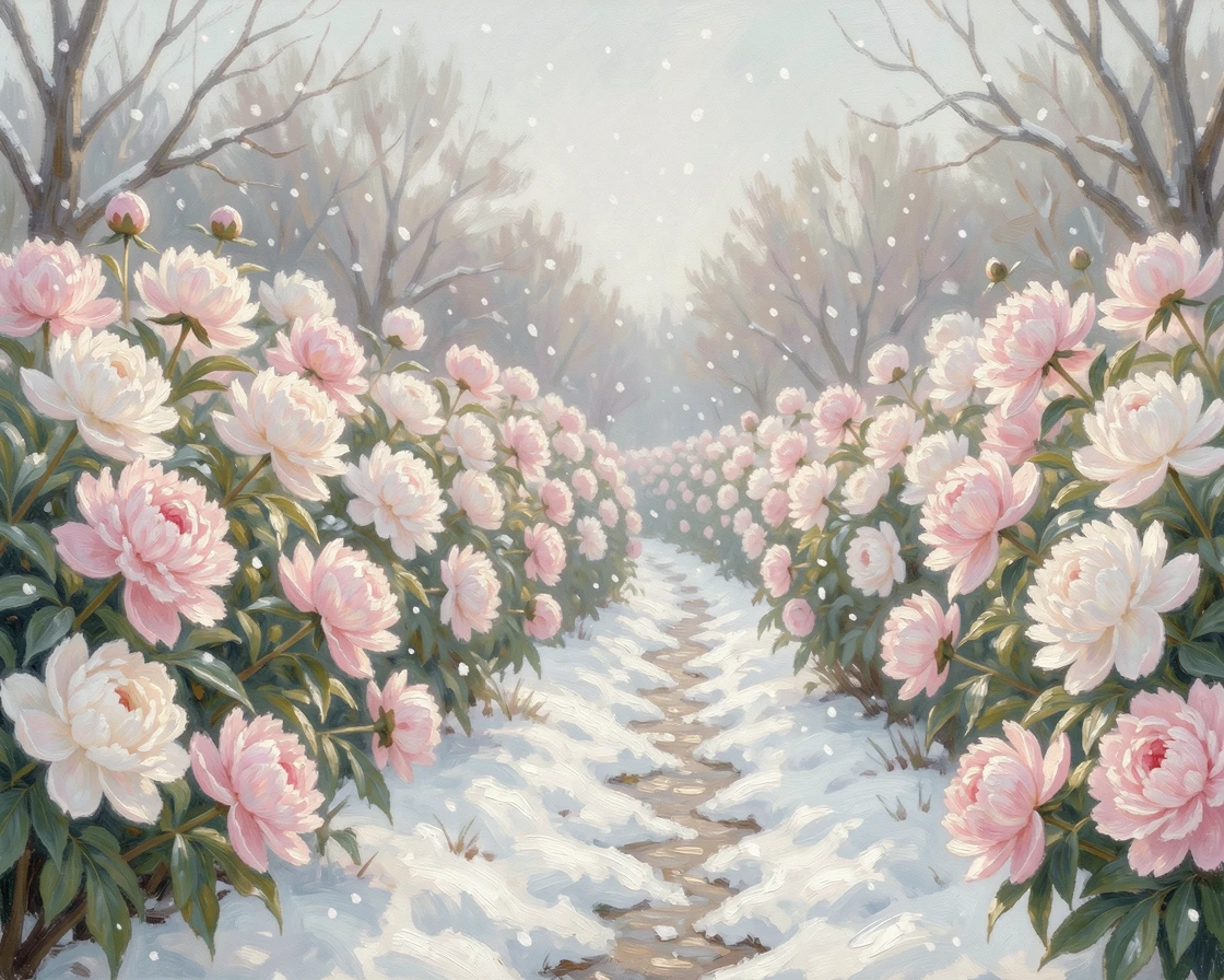 A garden path lined with blooming peonies in soft pastel pinks and whites, amid a gentle winter snowfall, filled with warmth and nostalgia.