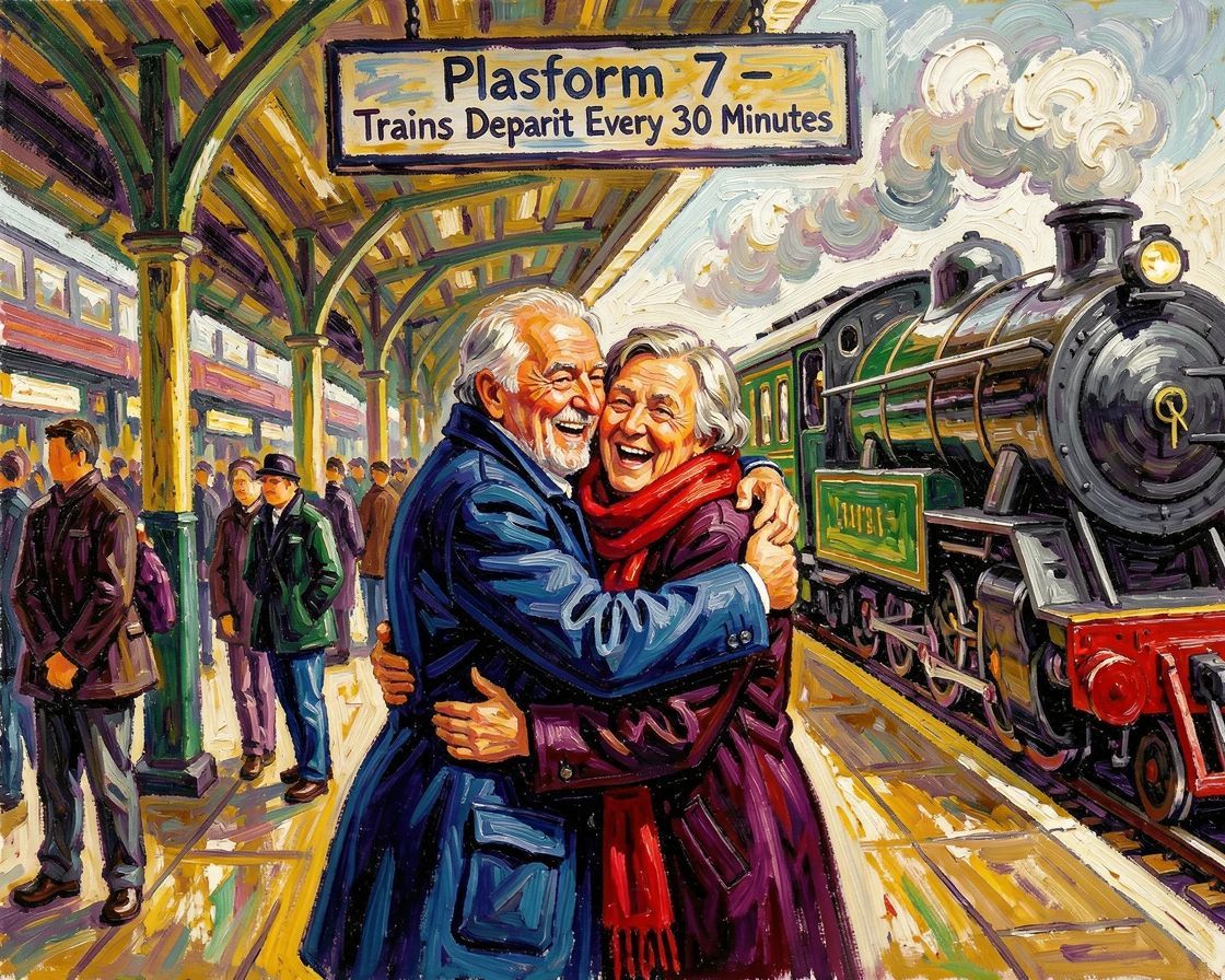 Old friends reuniting after years apart, embracing tightly on a train platform.
