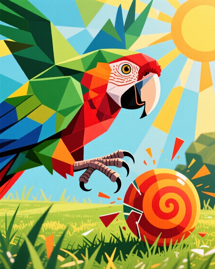 A charming close-up of a parrot with vibrant feathers chasing a ball across a sunlit lawn on a bright afternoon.