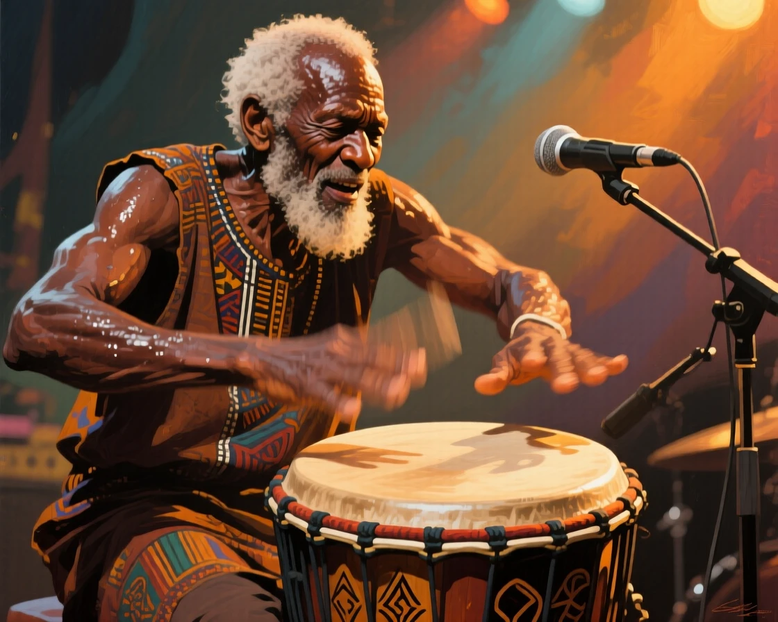 An elderly African drummer performs with intense focus, hands blurring across the drum skin as sweat glistens under stage lights, background elements kept softly out of focus to keep attention on the human moment.