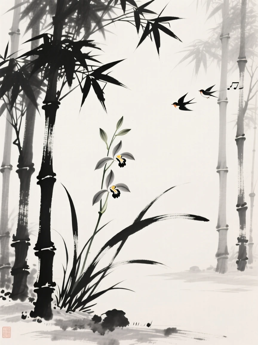 Slender orchids bloom quietly in the shade of a bamboo grove, as birdsong drifts through the quiet grove.