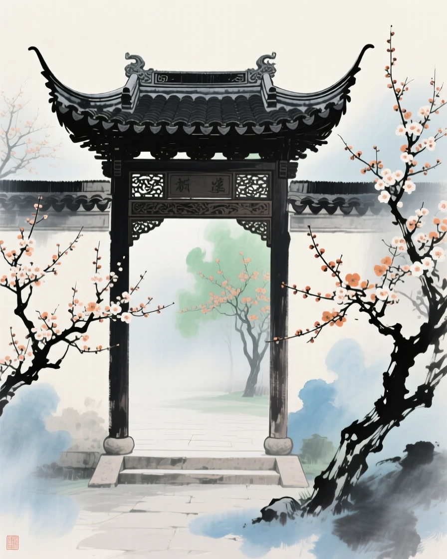 An ornate gateway leading into a courtyard of blooming plum trees, through swirling morning fog.