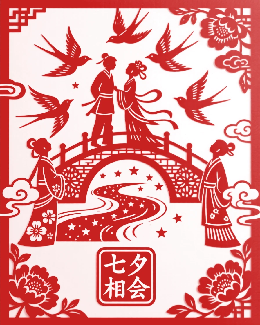 A Qixi Festival tableau of the Cowherd and Weaver Girl reuniting on a bridge formed by magpies, a river of stars flowing beneath them, two flanking figures gazing up in longing