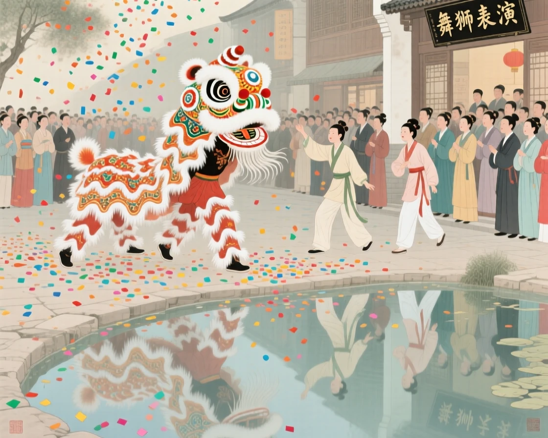A lion dance performance in a crowded street filled with confetti, reflected in the still water of a nearby pond