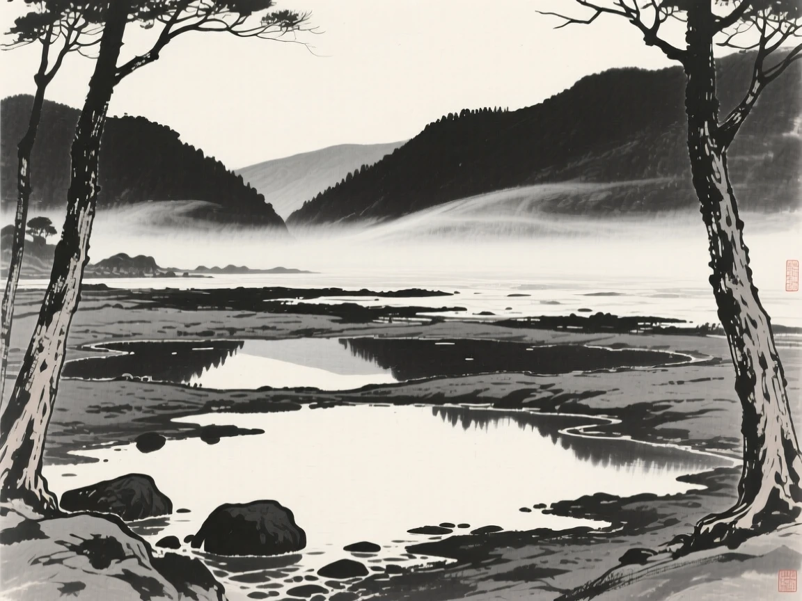 A tide pool coastline exposed at low water as thin mist rolls slowly through the lower valley, framed through a gap in the trees, revealing the valley beyond, evoking a deep sense of solitude and quiet grandeur.