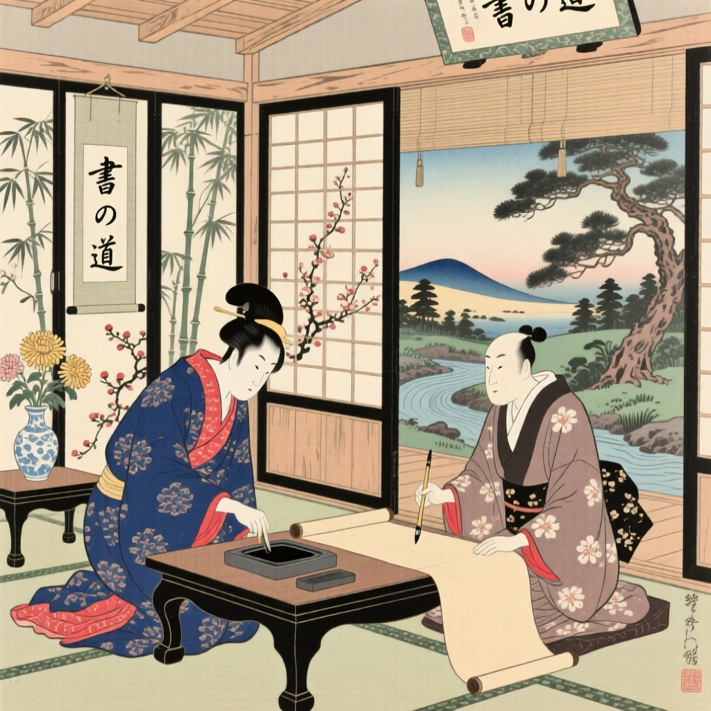 A court musician grinding ink for a master calligrapher.