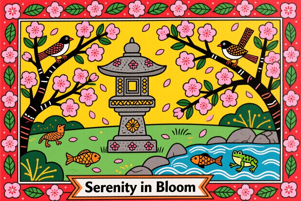 Cherry blossoms falling gently over a stone lantern in a Japanese garden.
