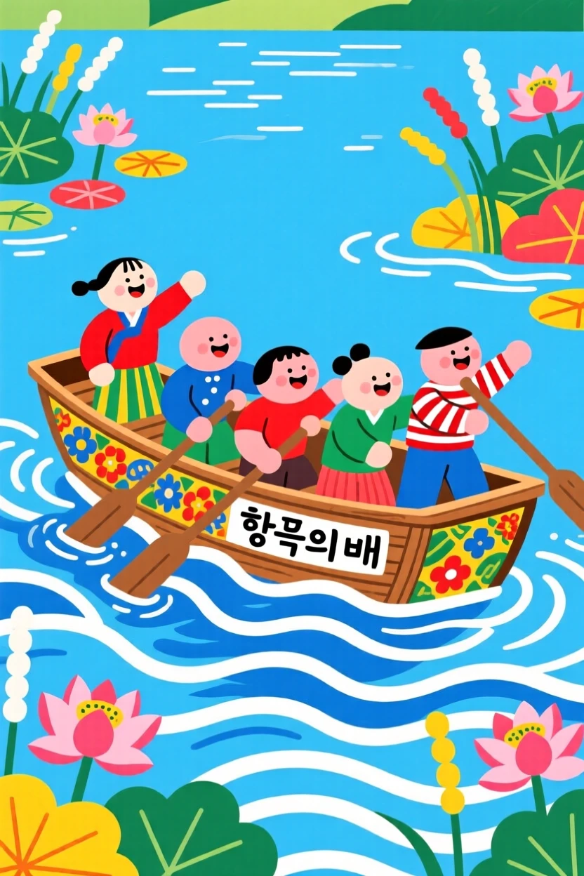 A group of friends rowing a small wooden boat across a lake.