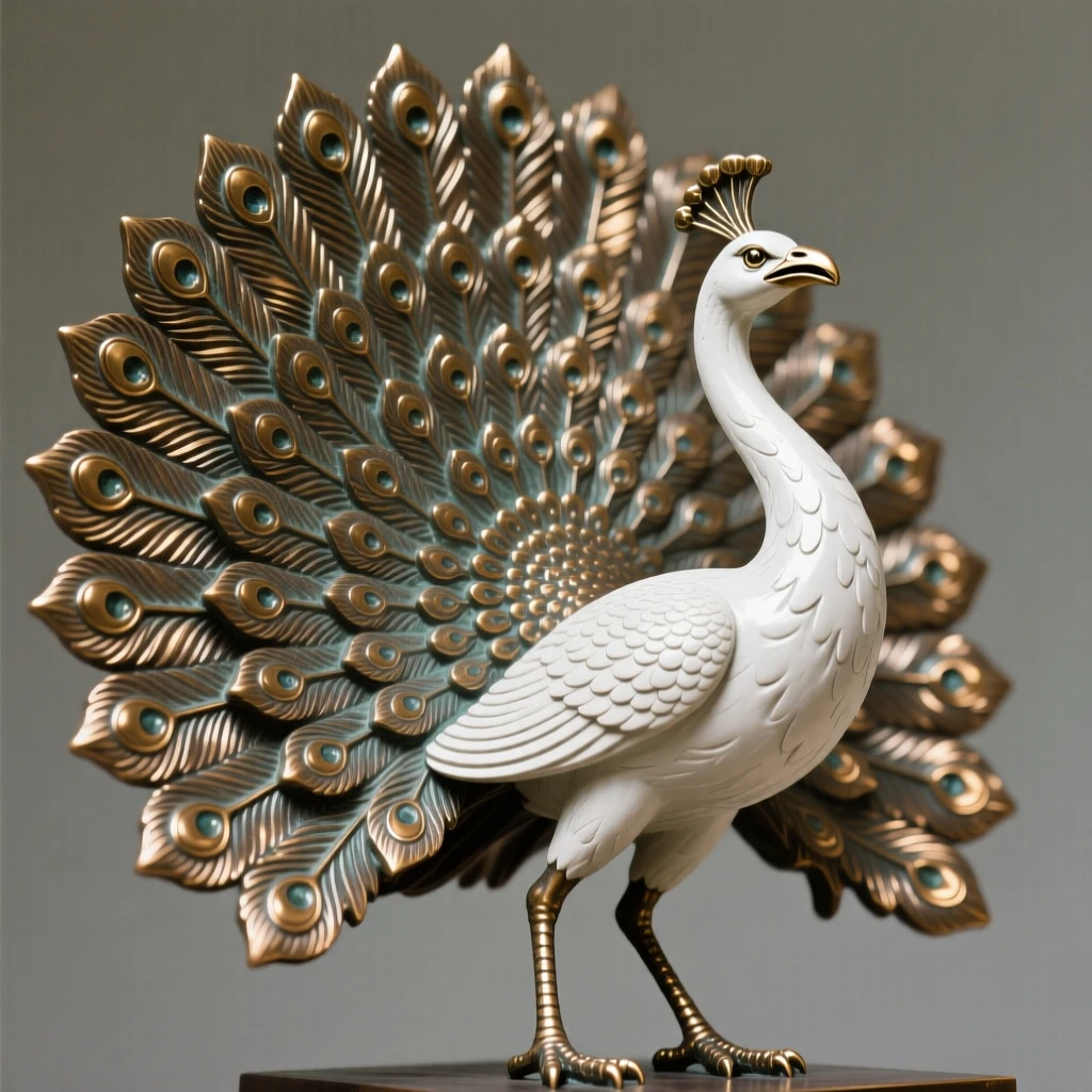 A majestic white peacock displaying its full plumage, captured mid-motion with powerful grace, evoking wonder and majesty