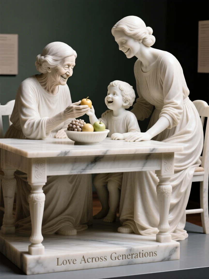 A heartwarming depiction of three generations of a family gathered around a table, full of laughter and genuine connection