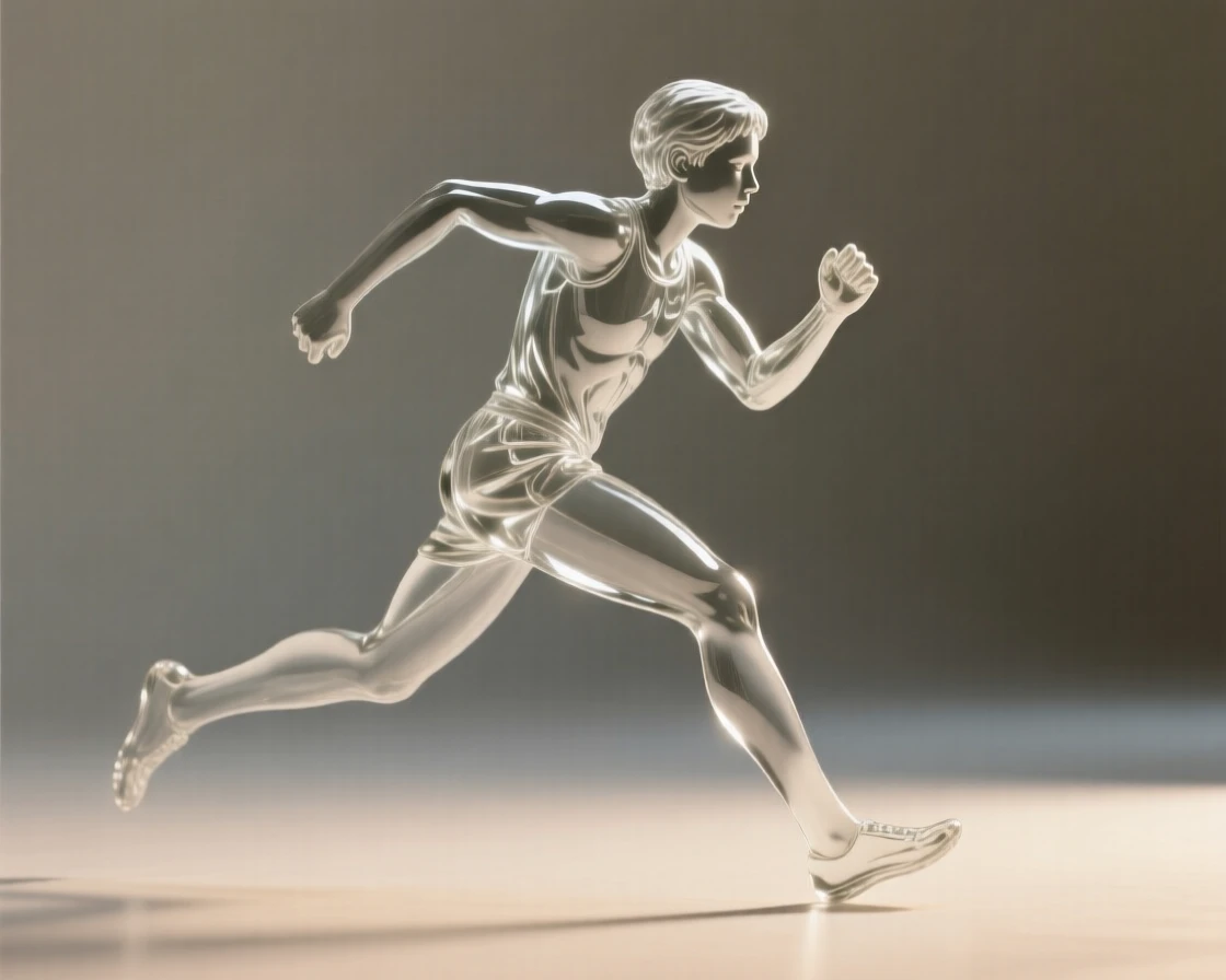 A young athlete caught mid-stride set against a simple blurred background, dramatic side lighting carving out the features, mood tender and heartfelt.