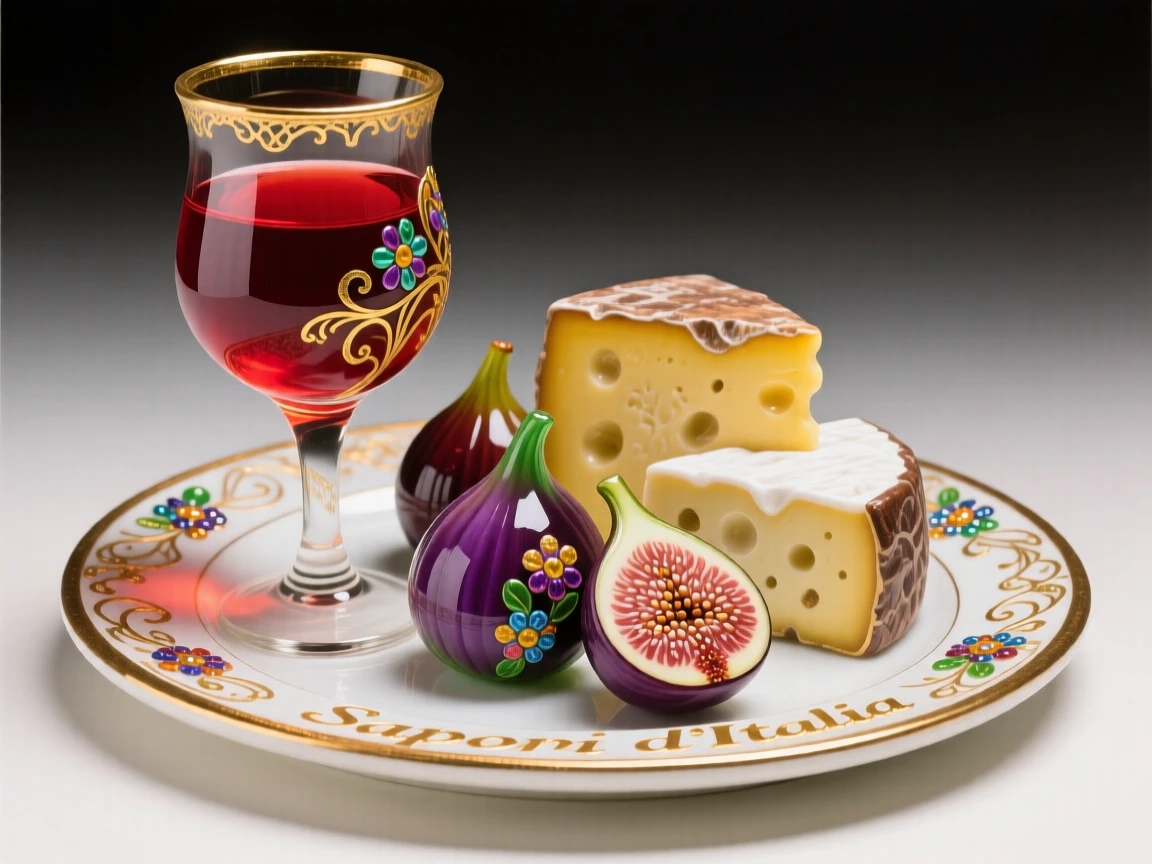 A glass of red wine beside a plate of aged cheese and figs, elegant and indulgent.