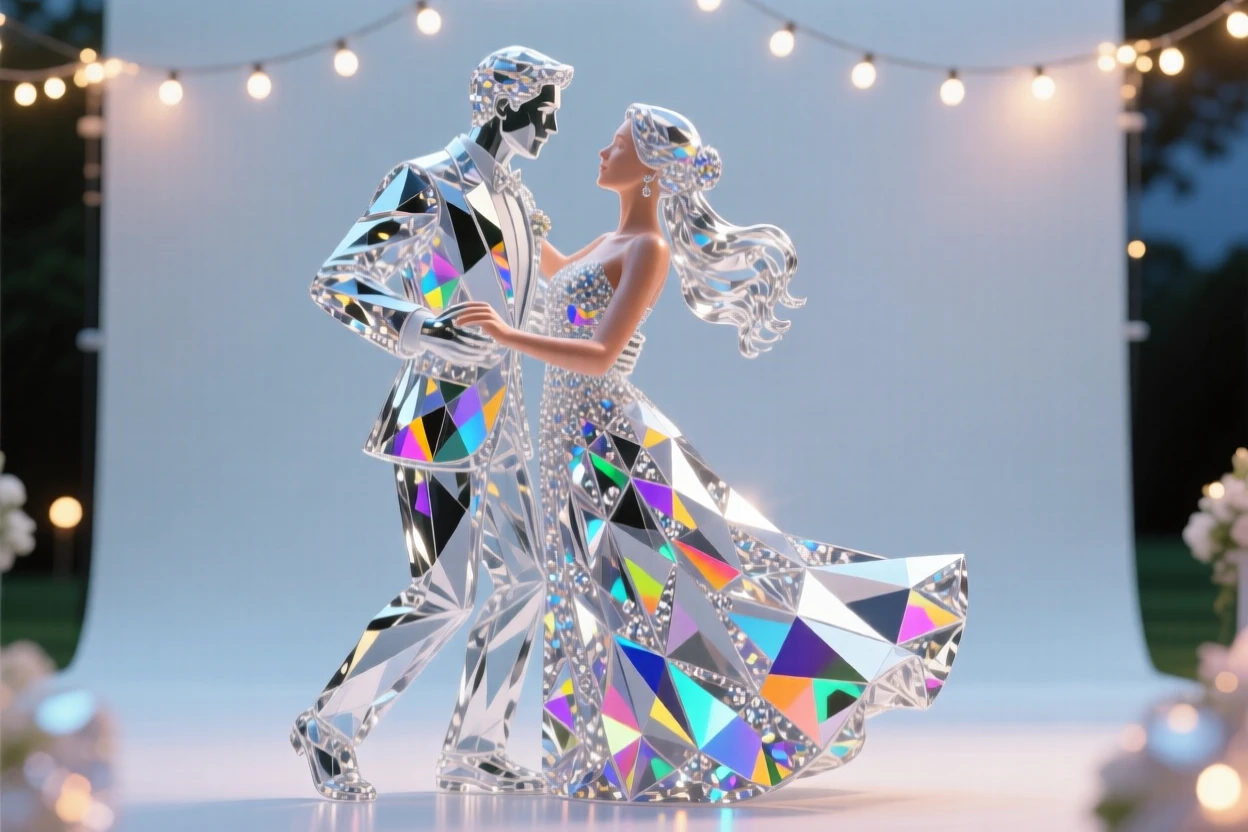 A couple dancing slowly under string lights at an outdoor evening wedding.