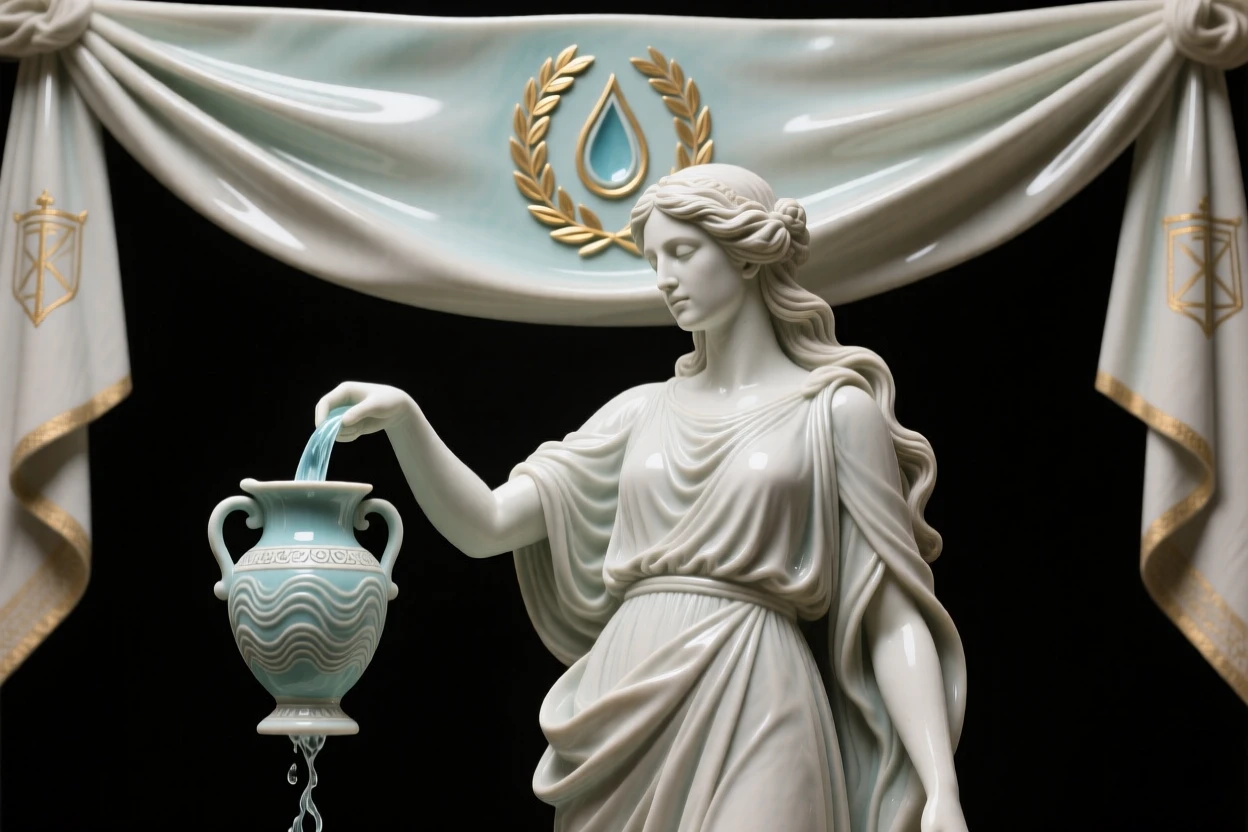 A river goddess pouring water from an urn posed regally beneath draping banners, bearing markings of rank and honor, conveying quiet authority and enduring legacy.