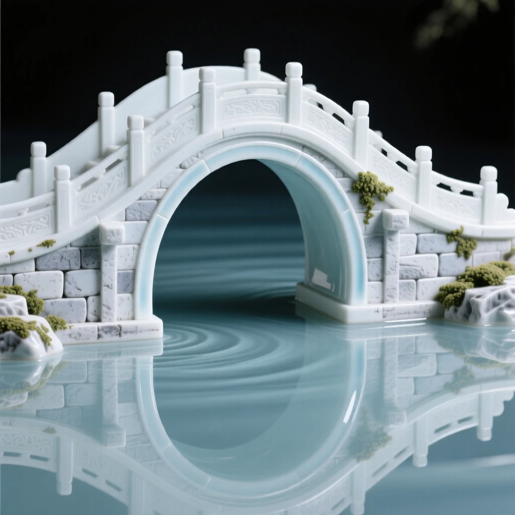 A grand view of an ancient stone bridge, reflected perfectly in still water.