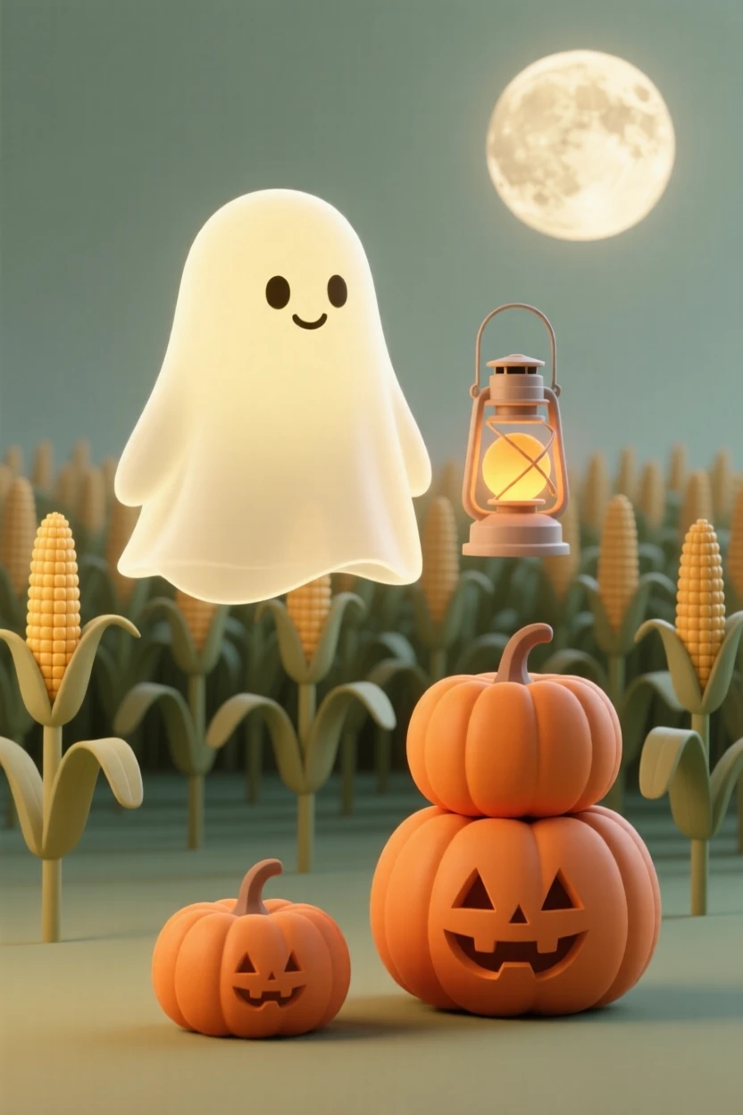 A gentle harvest moon spirit floats above a cornfield, lantern glowing warmly beside stacked pumpkins.