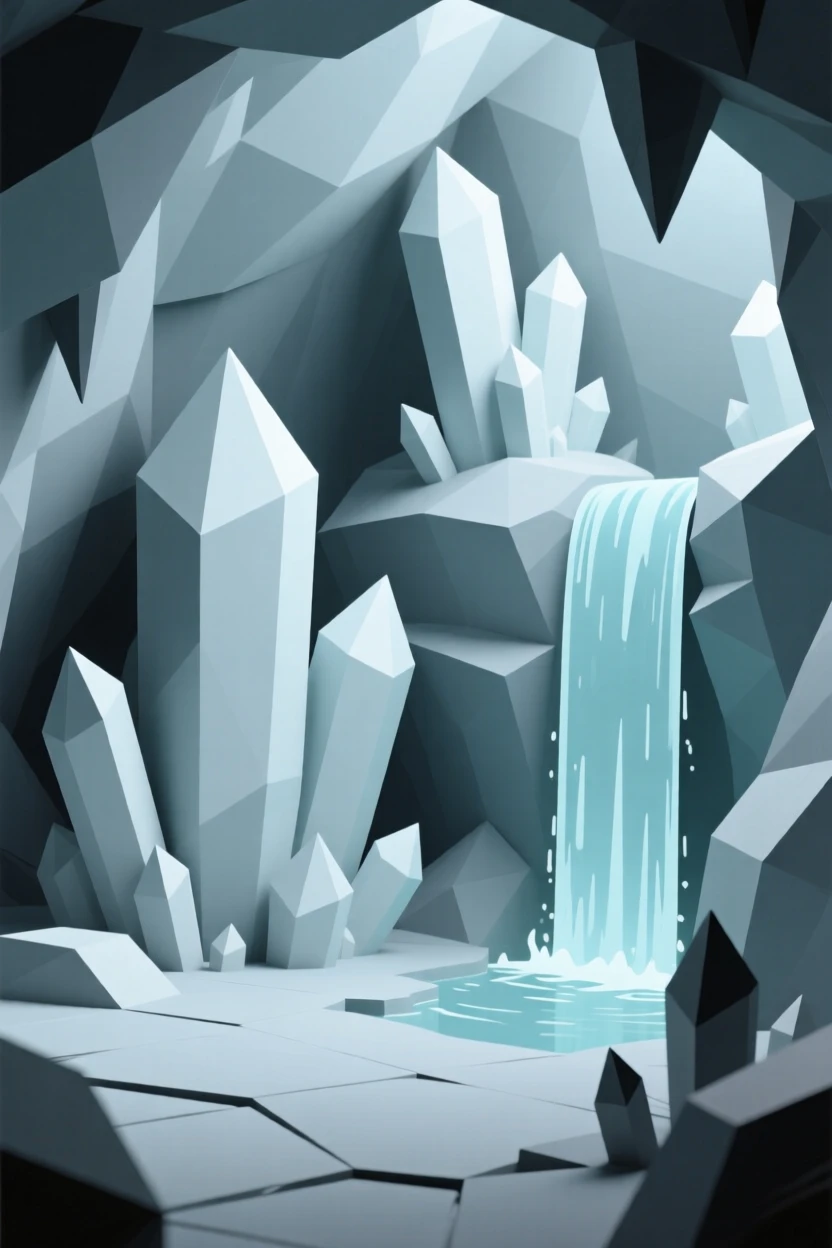 A crystal cave filled with glowing gemstones, beside a waterfall that glows with soft light. rich color contrasts add depth to the fantasy setting. The scene feels magical and full of wonder.