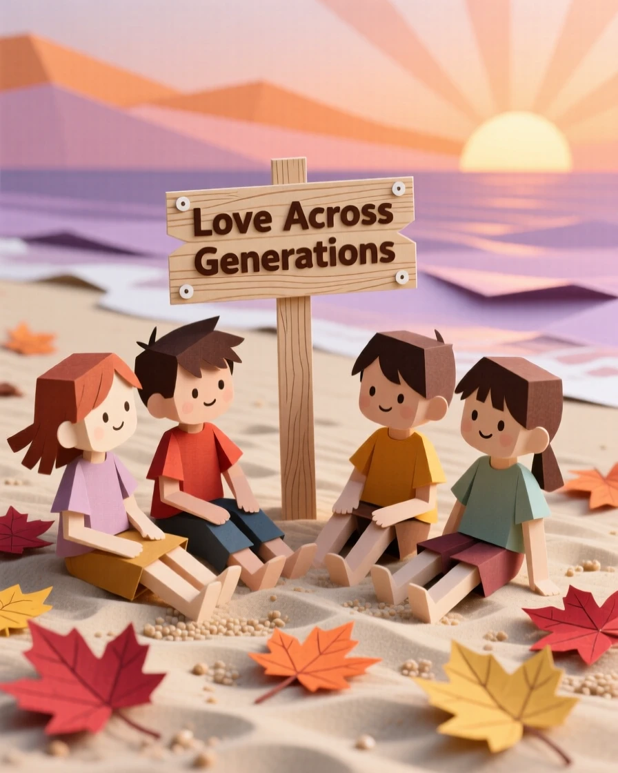 A group of childhood friends relaxing on a sandy beach at dusk, with autumn leaves drifting past, evoking love across generations.