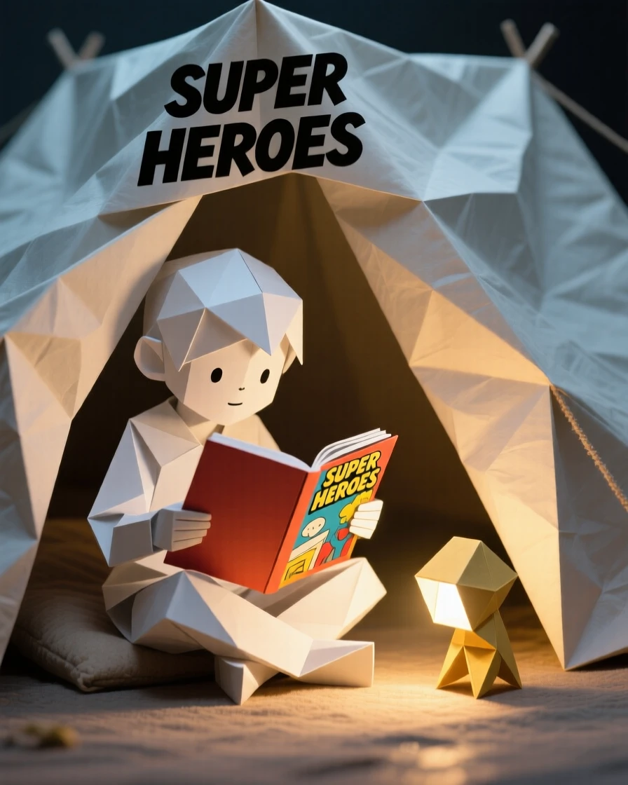 A child reading a comic book by flashlight inside a blanket fort.