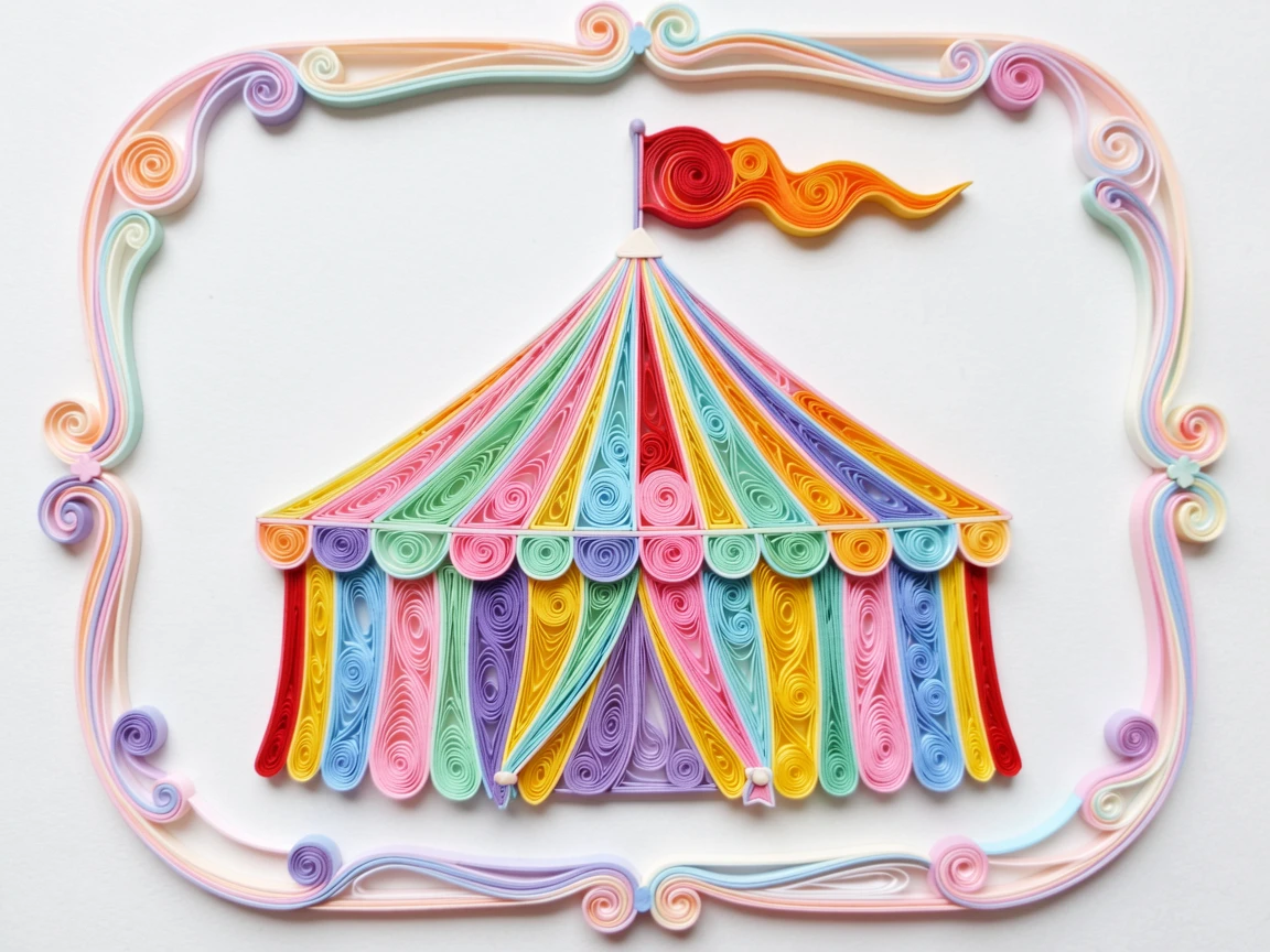 a circus tent with striped patterns and flags on top, in a candy-colored dreamland, framed with soft rounded borders like a picture book page, in a cheerful rainbow palette.