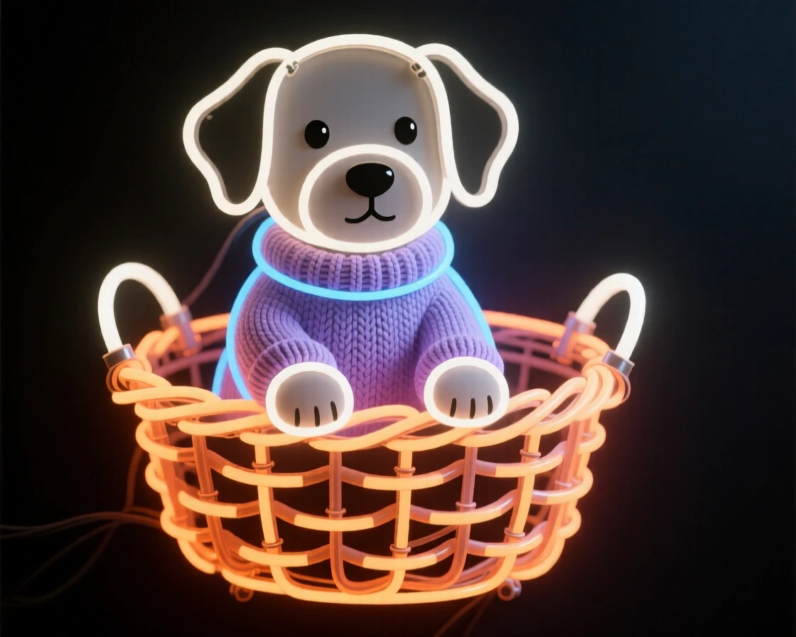A puppy wearing a tiny knitted sweater sitting in a basket.
