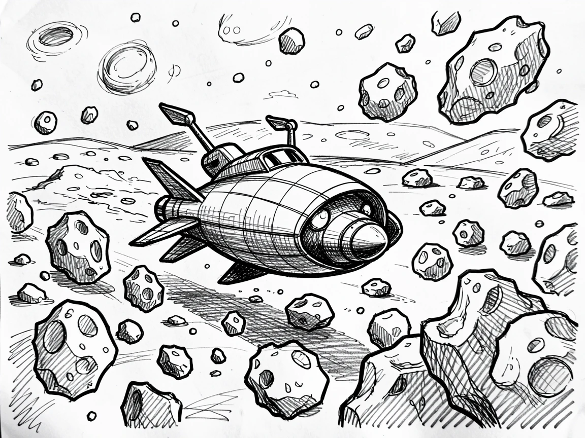 A spaceship gliding past a field of asteroids beside a cratered lunar landscape.