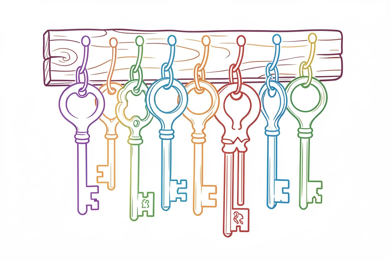 A collection of antique keys hanging from hooks on a wooden board.