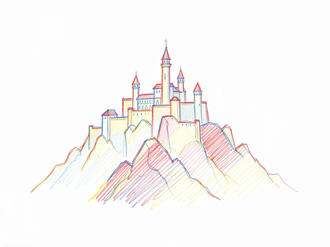 A grand mountain fortress wrapped in early morning fog