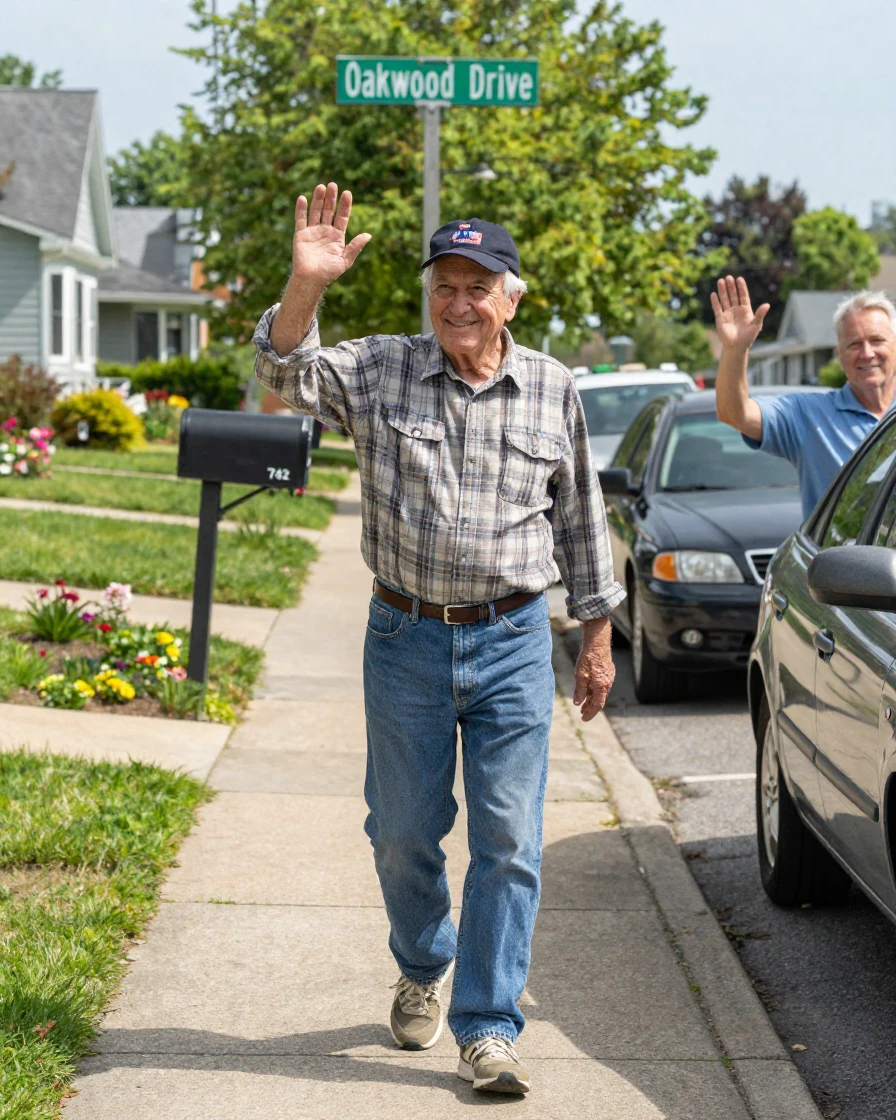 A retired mailman waves to every car that passes on his daily walk.