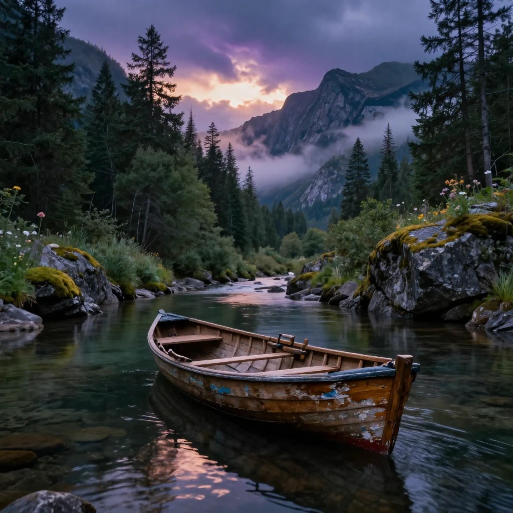 A weathered rowboat winding through a mountain valley under a darkening evening sky