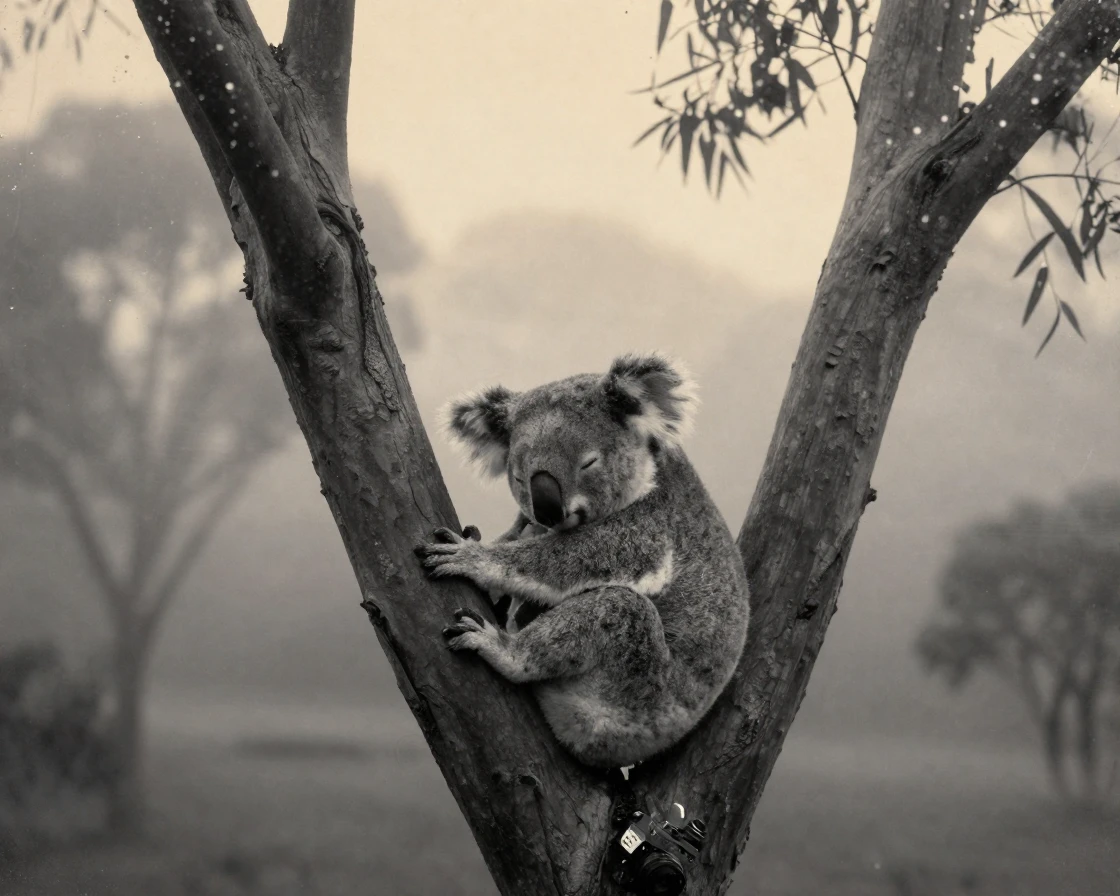 A koala curled asleep in the fork of a eucalyptus tree, under soft golden-hour light, in thick rolling fog, in early spring, with stark black-and-white contrast softened by a single warm hue, through a rain-streaked window.