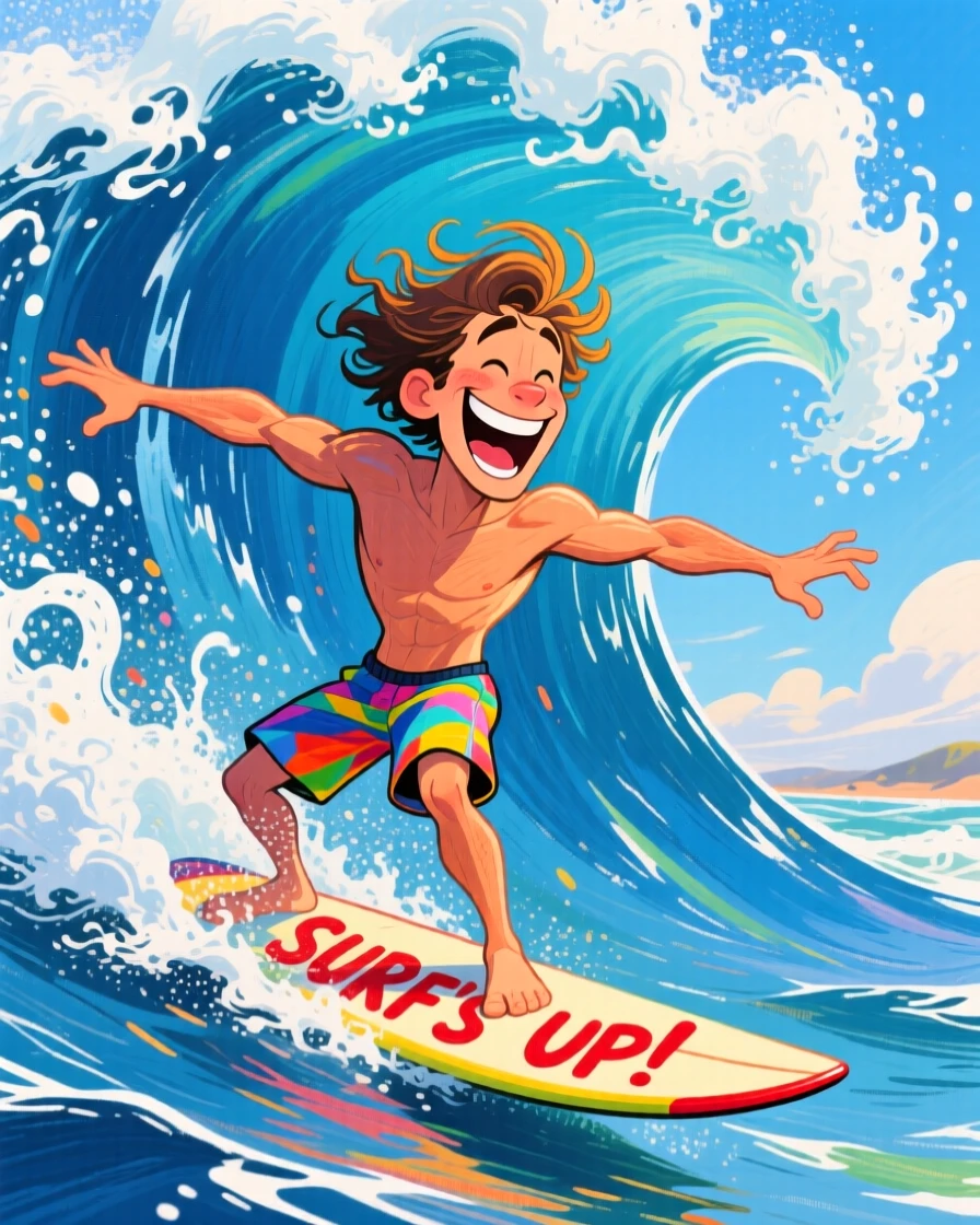 A surfer riding a massive wave, arms out for balance, spray flying behind him.