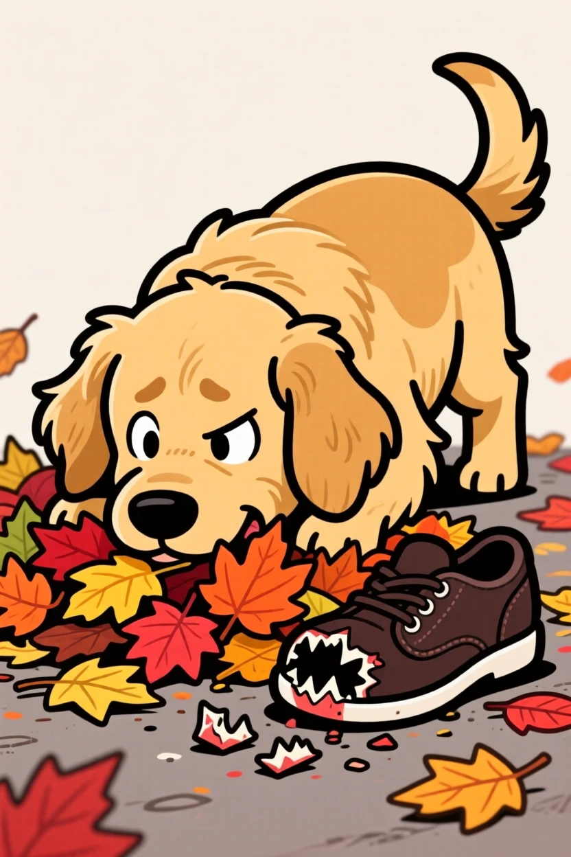 A playful pet moment featuring a fluffy golden retriever burying its face in a pile of fallen leaves, with a guilty look and a chewed-up shoe nearby.