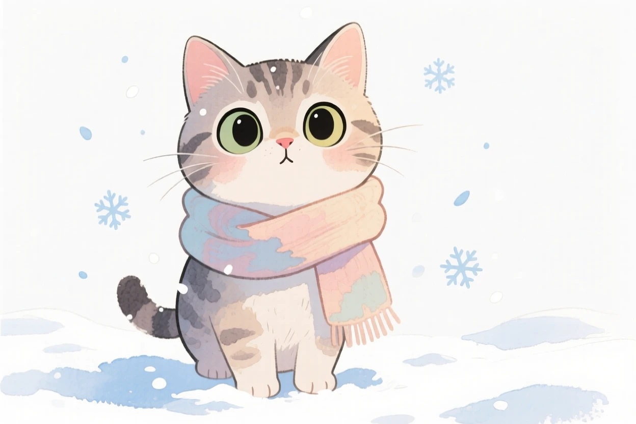 A curious kitten wearing a cozy scarf in the snow