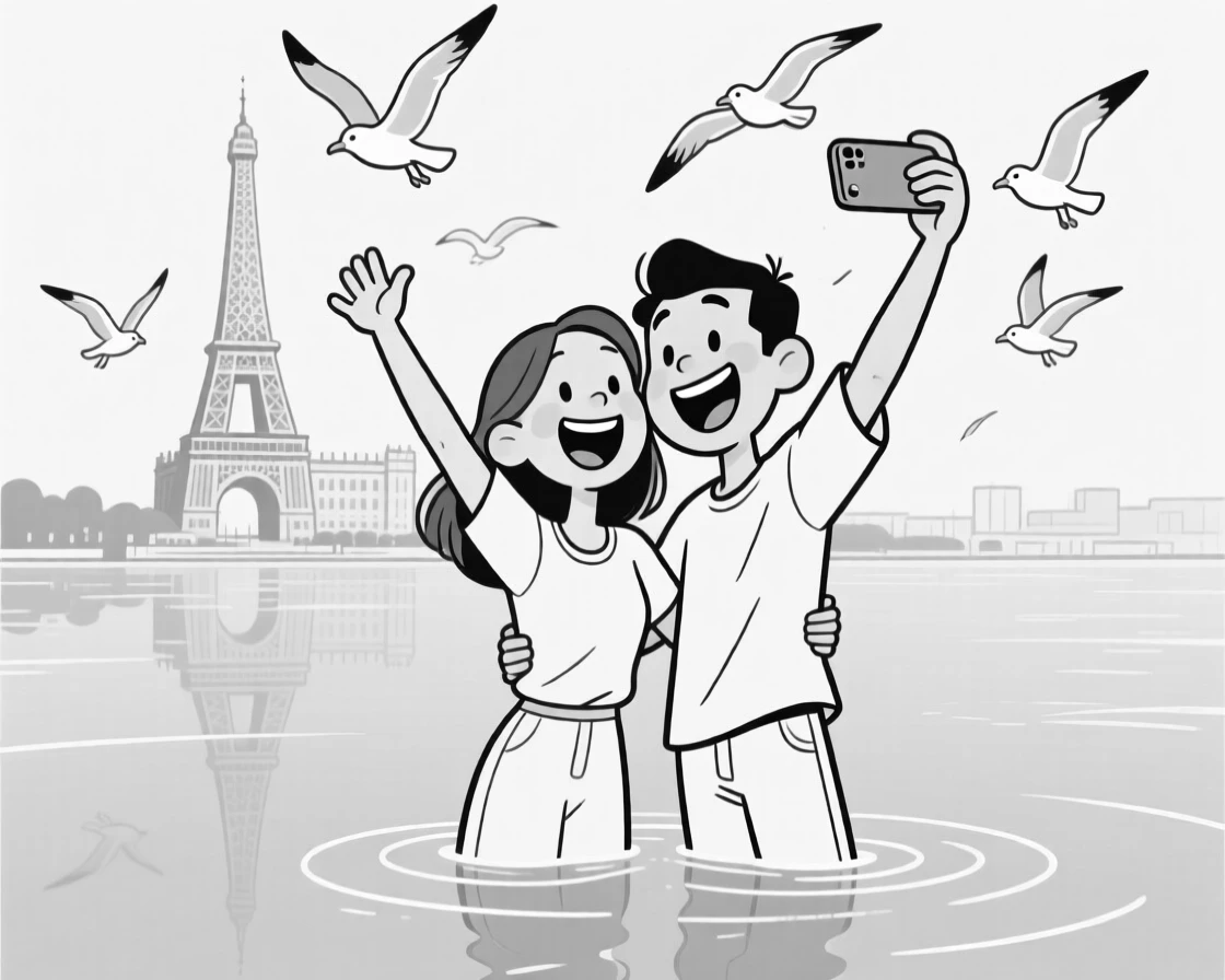 A couple posing for a wobbly selfie at a famous landmark, throwing both arms up in pure victorious joy, set floating on a calm, glassy lake. Seagulls circle hopefully overhead. The scene captures the giddy chaos of exploring somewhere new.