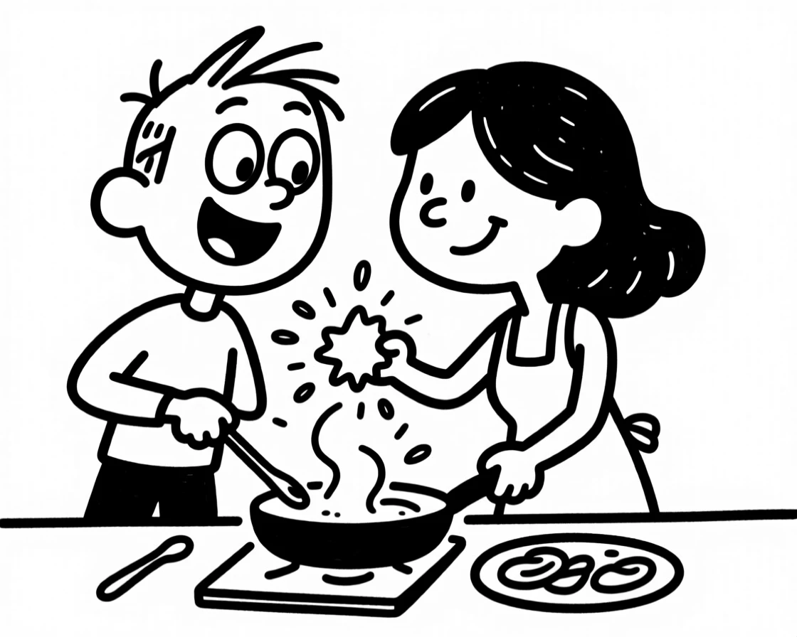 A couple cooking dinner together, flour fight breaking out mid-recipe.