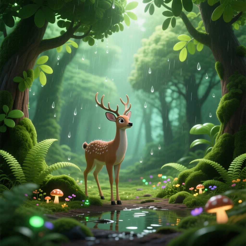 A dense emerald forest glows while a gentle rain begins to fall, with a single deer pausing at the tree line. The mood is serene, vast, and quietly majestic.