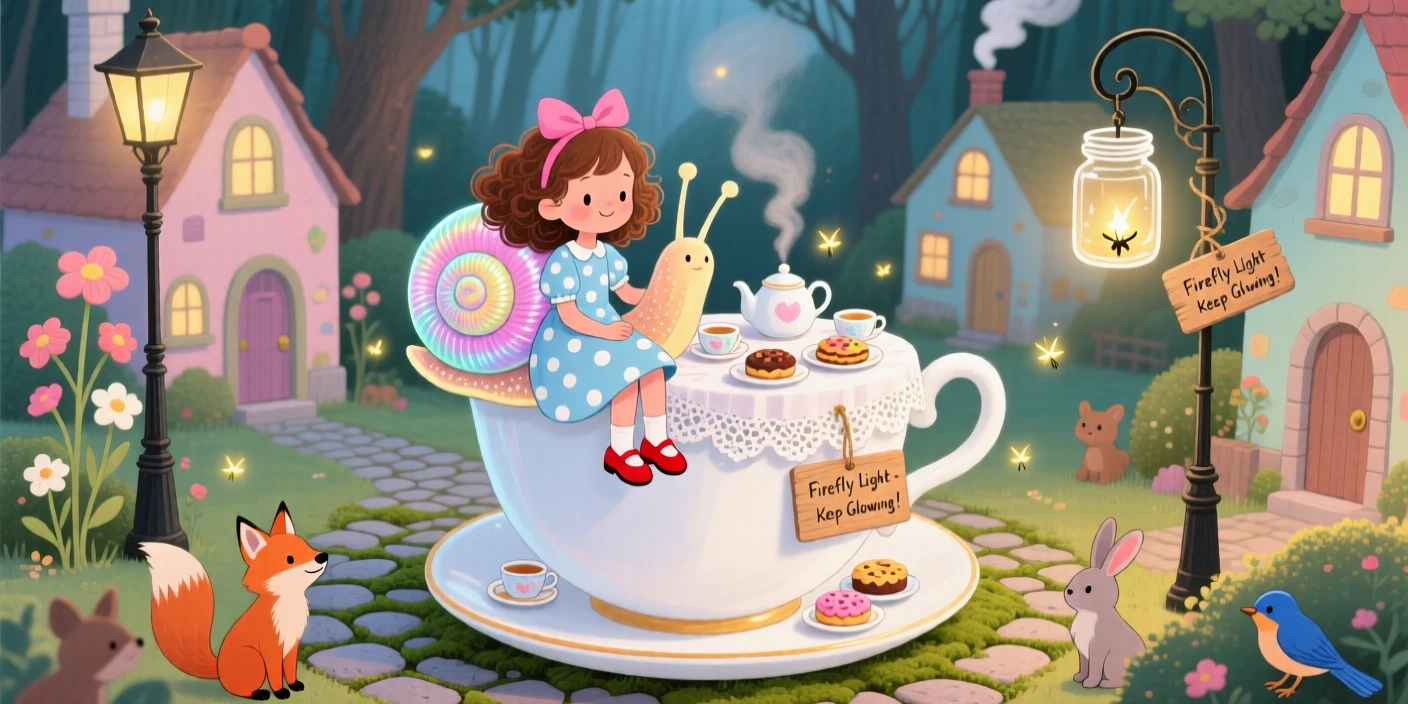 A girl riding a giant snail is hosting a tea party at the bottom of a teacup in a town where the streetlights are fireflies in jars, with everything slightly too big or too small in a charming way.