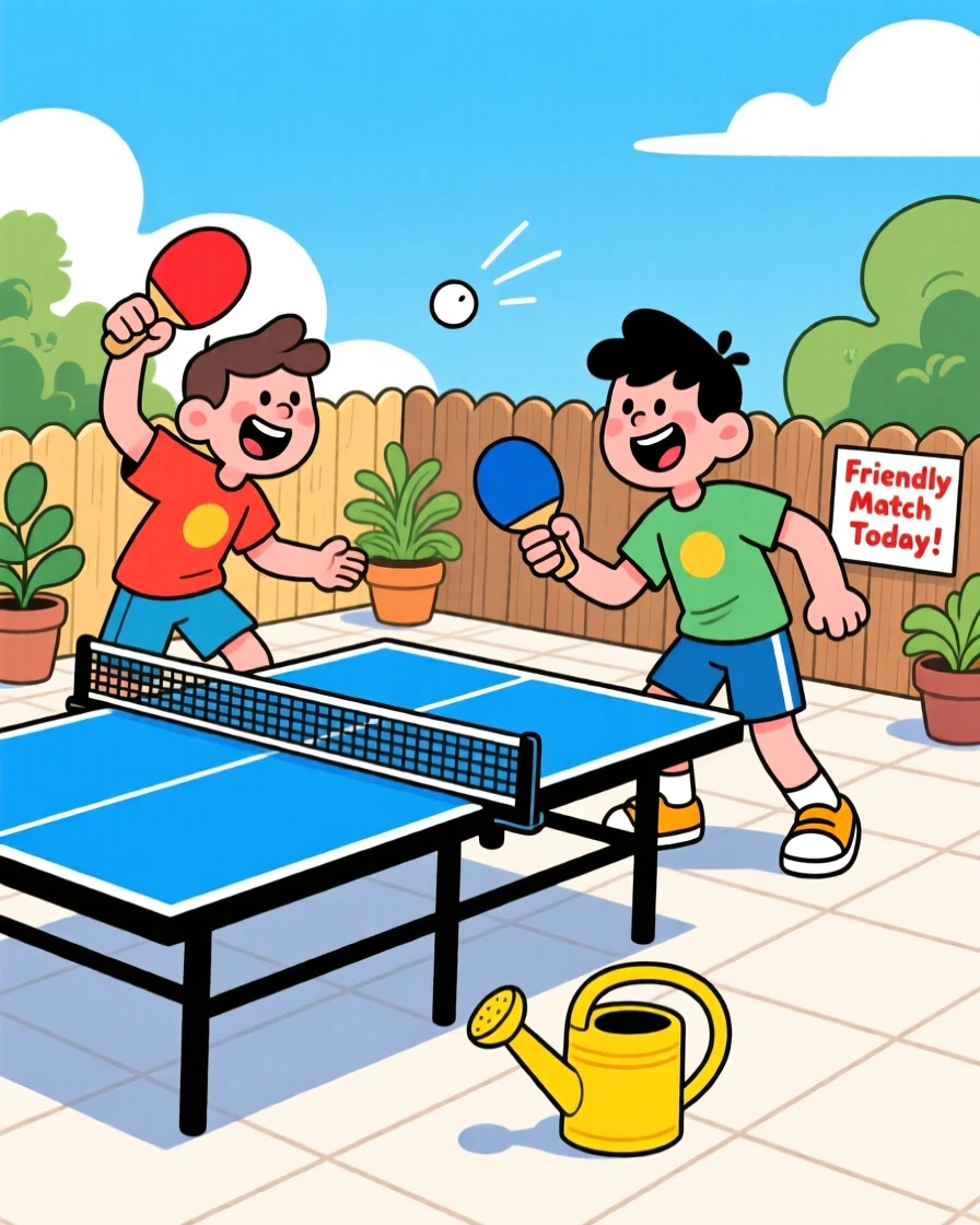 A table tennis match between friends on a sunny patio.