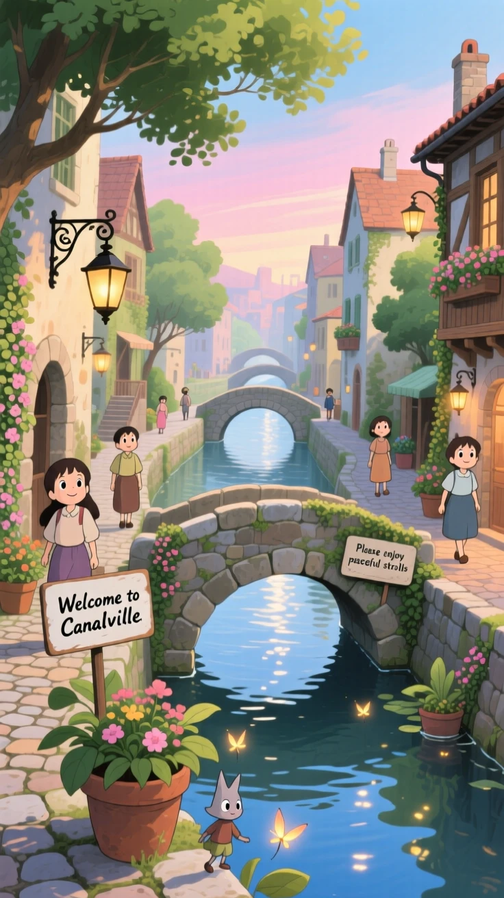 A scenic view of a canal city crossed by countless small stone bridges, as locals stroll along winding cobblestone lanes.