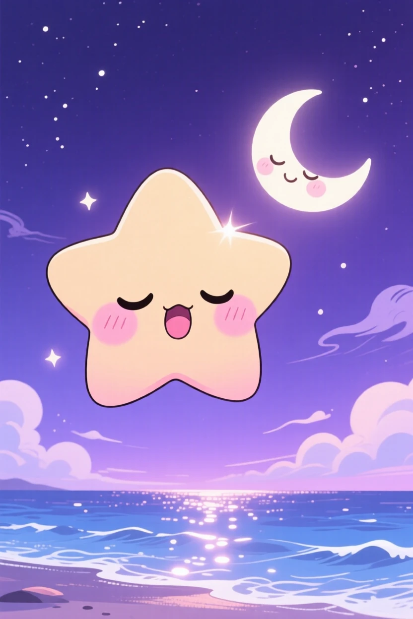 Symmetrical front-on view: a sleepy star character, yawning beside a crescent moon, set against a deep purple night sky on a breezy coastal afternoon, with shimmering reflected light off water and a mood of peaceful calm.